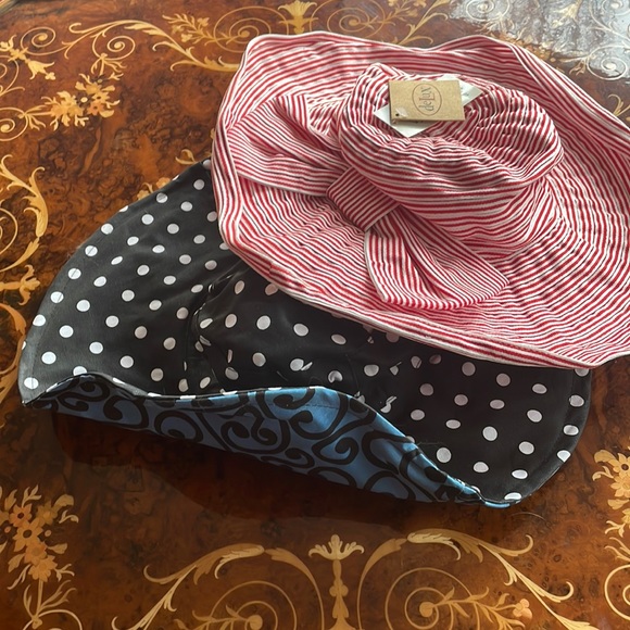 Lot of two SUN HATS reversible & adjustable striped polka dot wired DELUX floppy - Picture 1 of 8